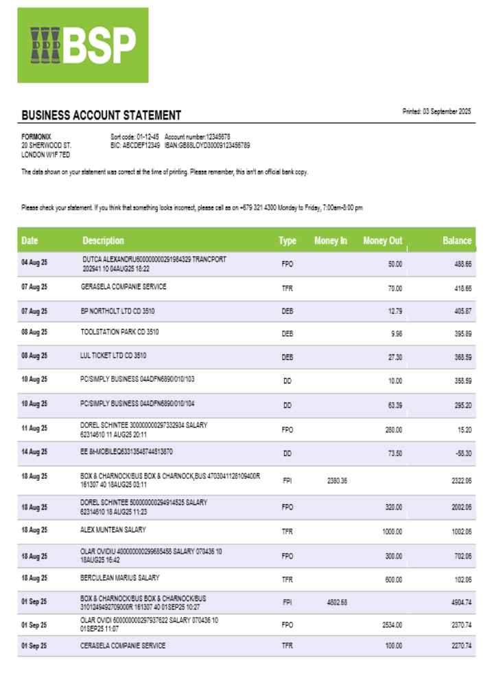 Relevé bancaire professionnel de la Banque du Pacifique Sud Format Word et PDF
